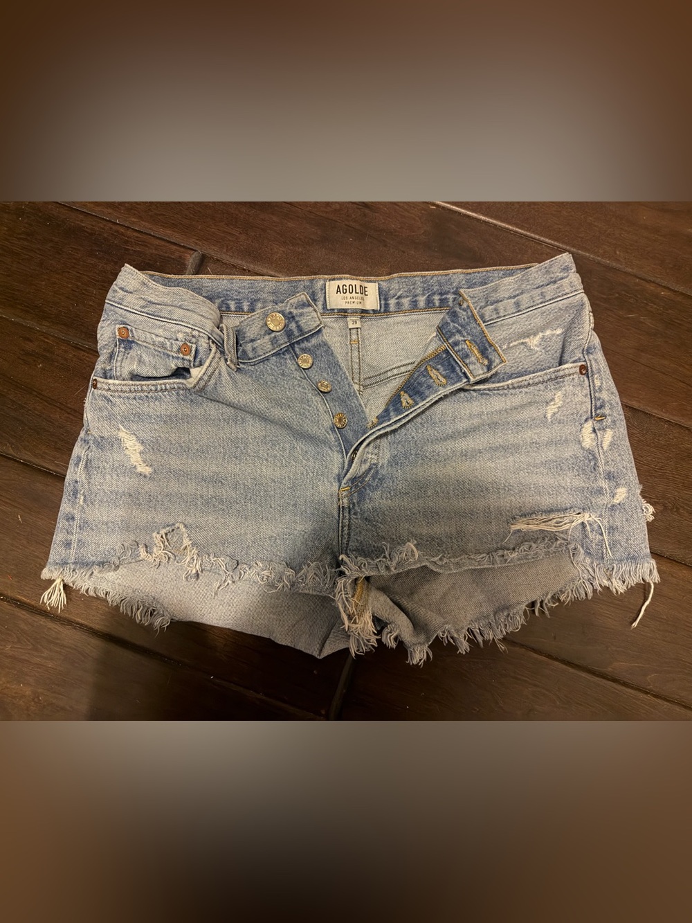 Agolde Light Wash High-Rise Frayed Denim Shorts